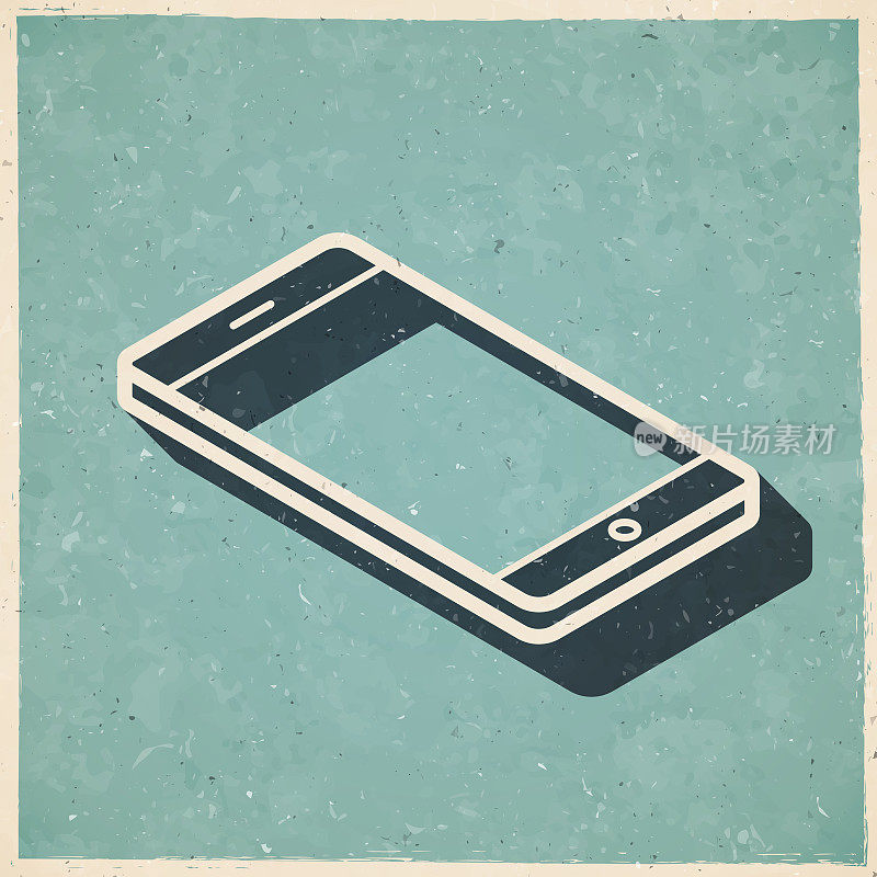 等距智能手机-平面位置。图标复古复古风格-旧纹理纸