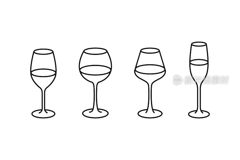 葡萄酒杯或香槟酒杯线图标集。庆祝活动和假期线图标集矢量设计在白色背景上。
