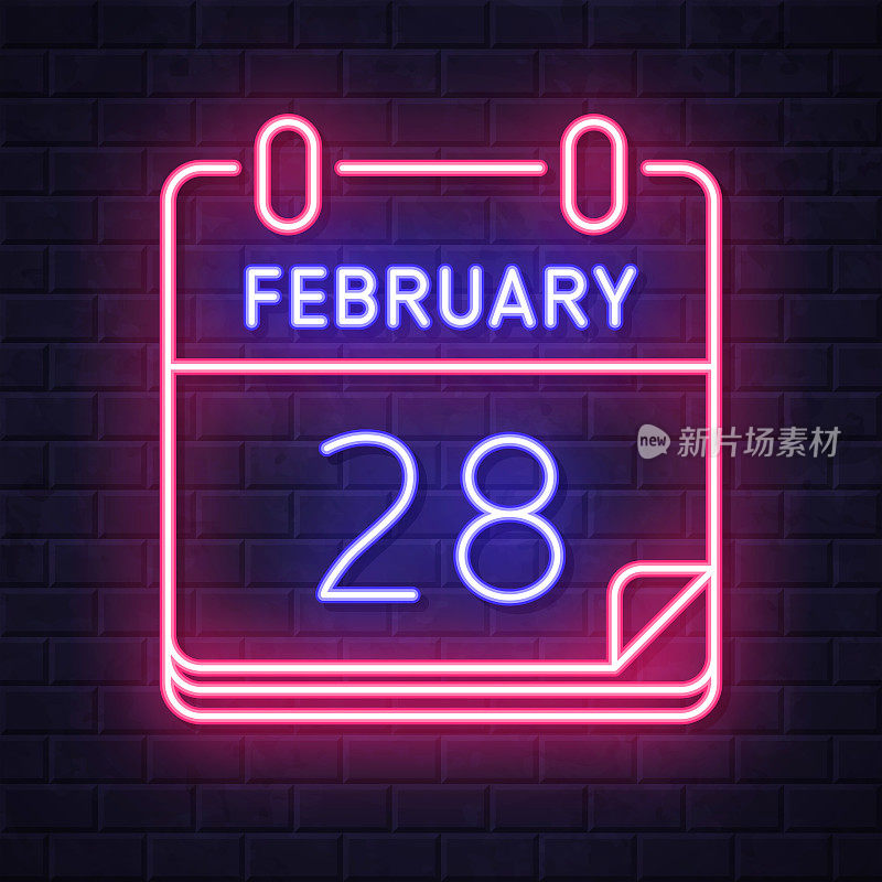 2月28日。在砖墙背景上发光的霓虹灯图标