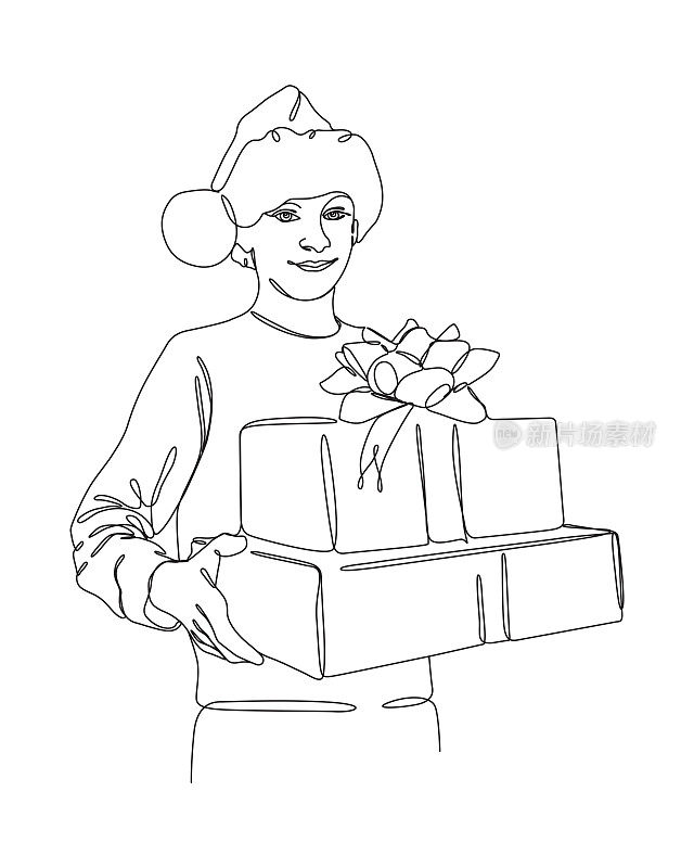戴圣诞帽的孩子微笑着送圣诞礼物。单线绘制样式与可编辑的笔触。