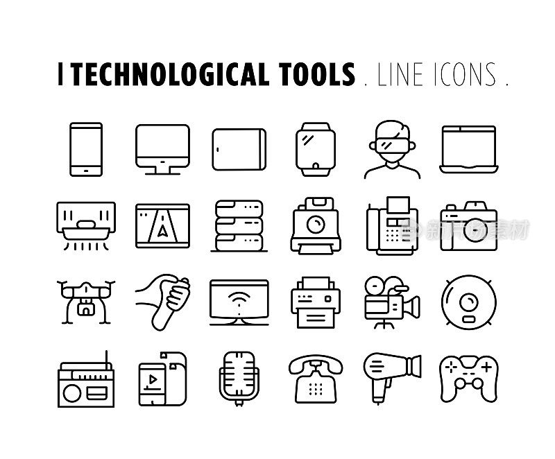 技术工具线图标集。可编辑的中风。像素完美。