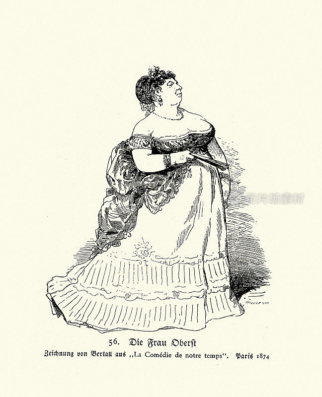 复古插图上校的妻子，一个女人的素描，时尚，维多利亚时代，19世纪70年代