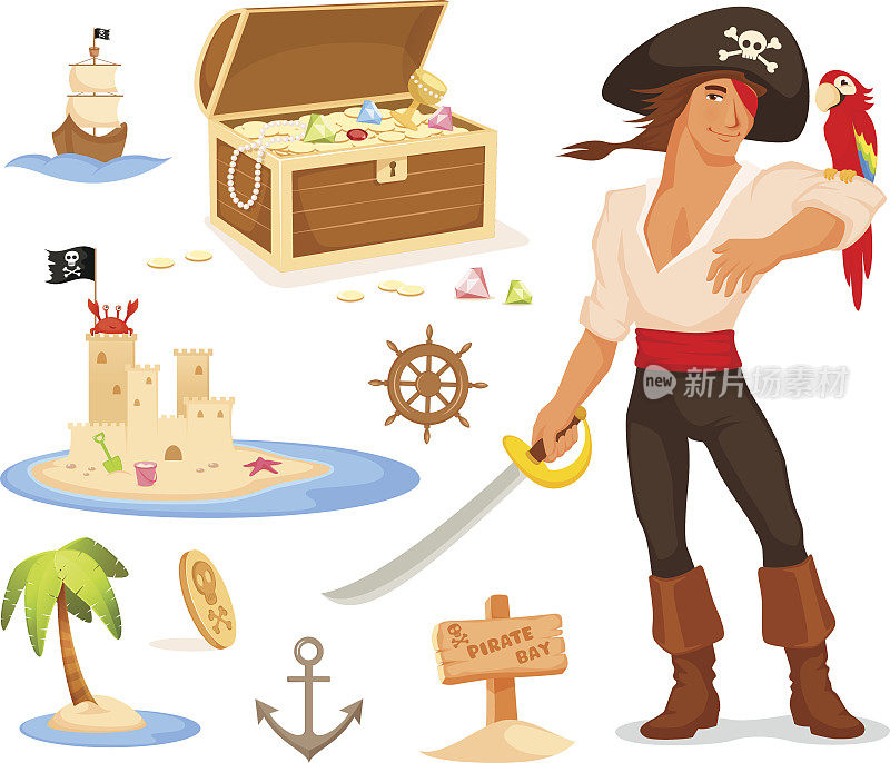 帅气的海盗卡通和海盗主题插图