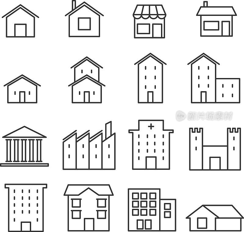 房子线图标，建筑和房子线图标矢量