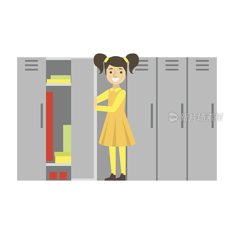 女孩在学校走廊检查她的储物柜，学校和学者生活系列的极简主义插图
