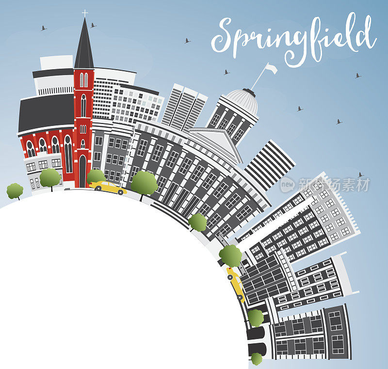 斯普林菲尔德天际线与灰色建筑，蓝天和复制空间