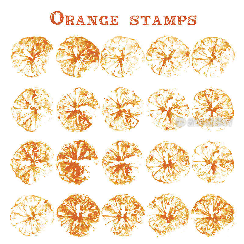一套橙色水果邮票。纸上有橙色的标记。橙色剪影孤立在白色背景