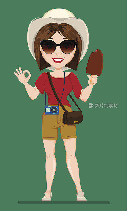 女游客，戴着墨镜拿着冰淇淋的游客。可爱的卡通人物。矢量插图。