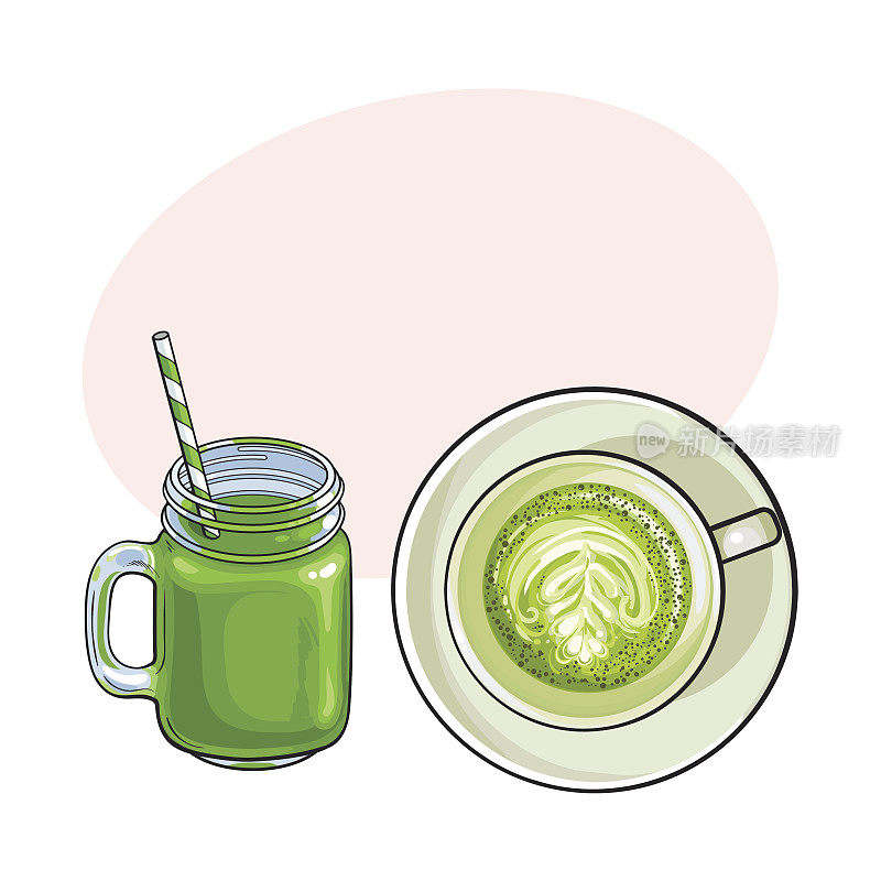 抹茶绿茶拿铁和冰沙饮料