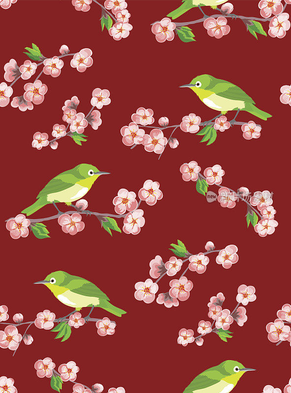 樱花无缝图案与日本鸟在深红色的背景。