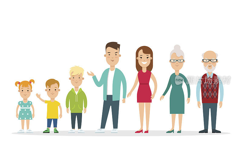 平的幸福家庭站在直线矢量插图。生命周期的概念。孩子,父母、祖父母。