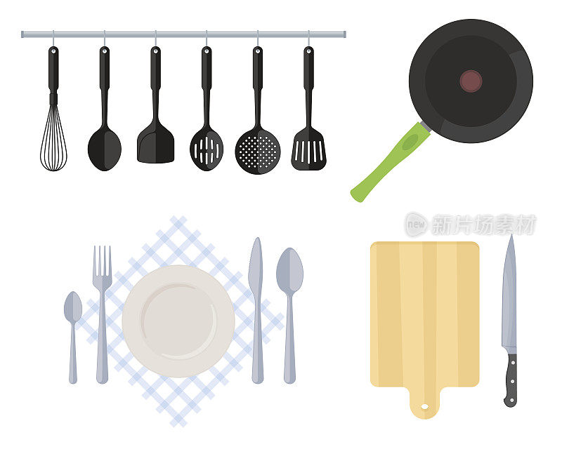 餐具和厨房用具。平面向量插图