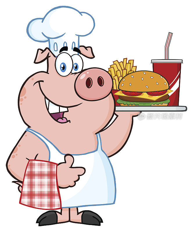 厨师猪卡通吉祥物拿着一盘快餐，竖起大拇指