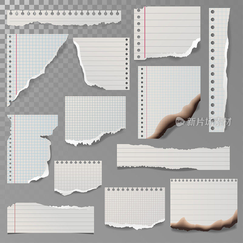 撕碎的白色衬里笔记本纸，正方形线抹布白色和烧毁页向量插图