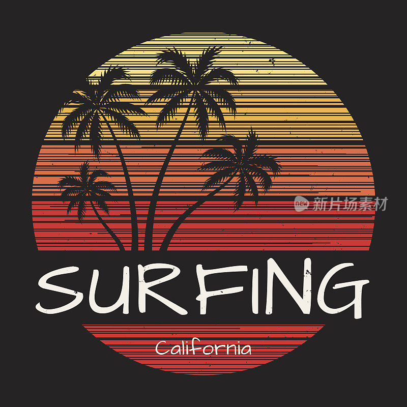 冲浪加州t恤印有棕榈树。