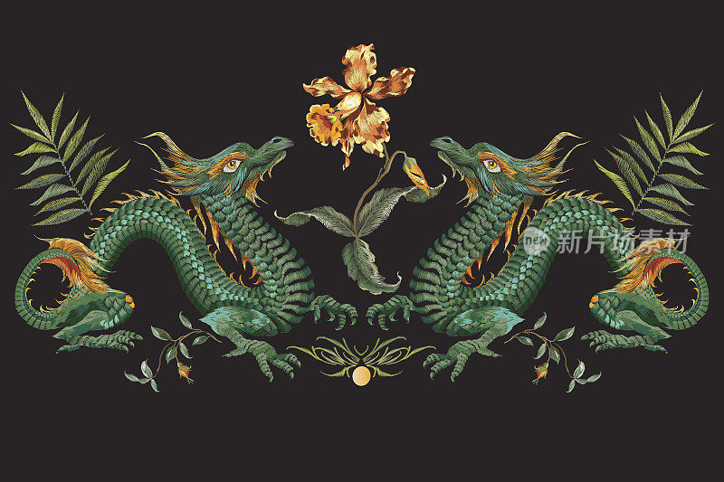 刺绣东方花卉图案与青龙和虎兰。