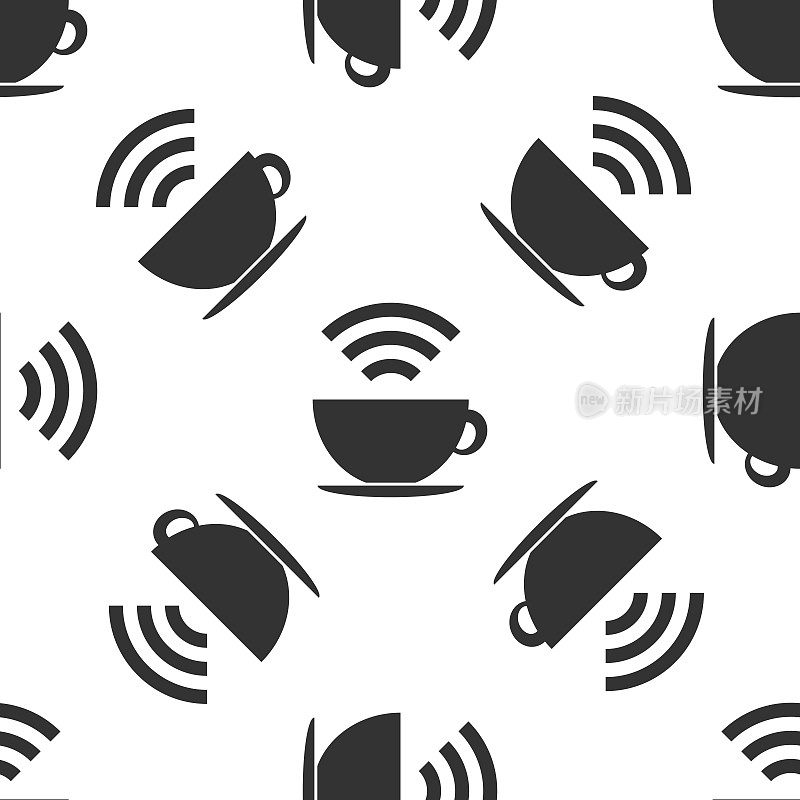 有免费wifi区标志的咖啡杯。互联网连接公告牌图标无缝模式上的白色背景。平面设计。矢量图