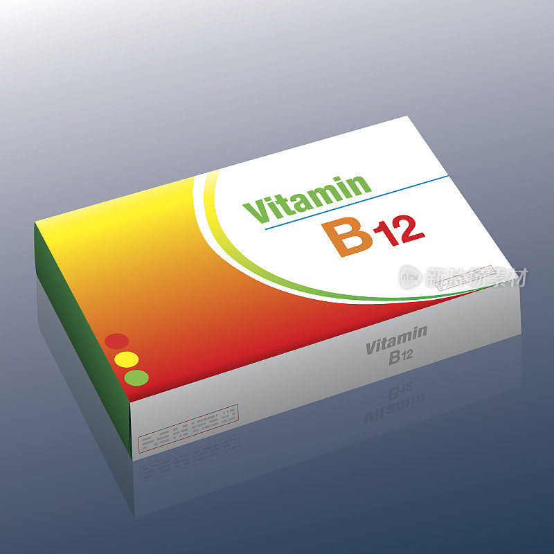 维生素B12药片——作为素食者和纯素食者健康饮食和有意识营养的补充——医疗假包，内含防止维生素缺乏症的药片。