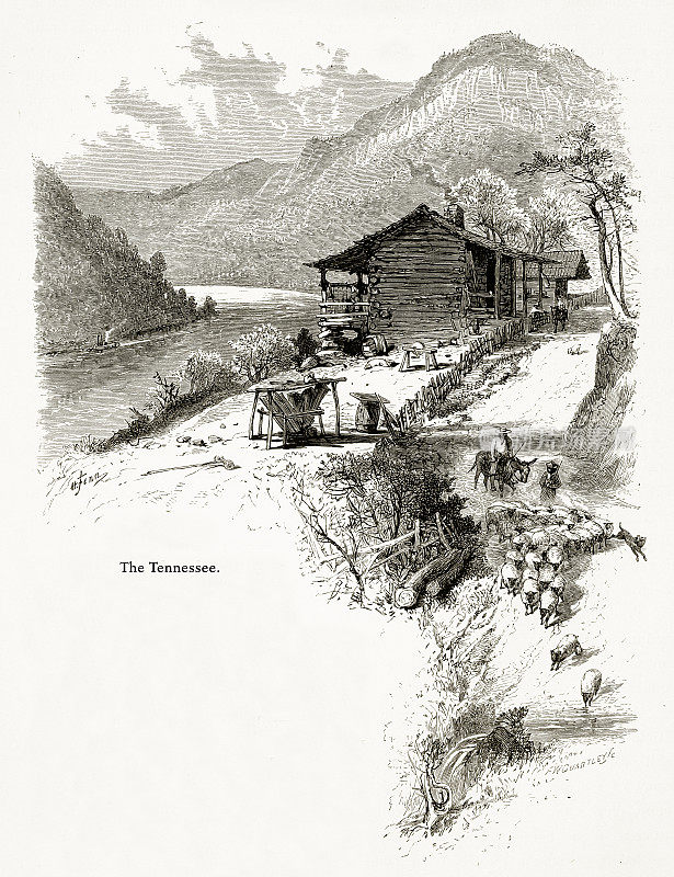 望台山和田纳西河，美国田纳西州，美国维多利亚版画，1872年