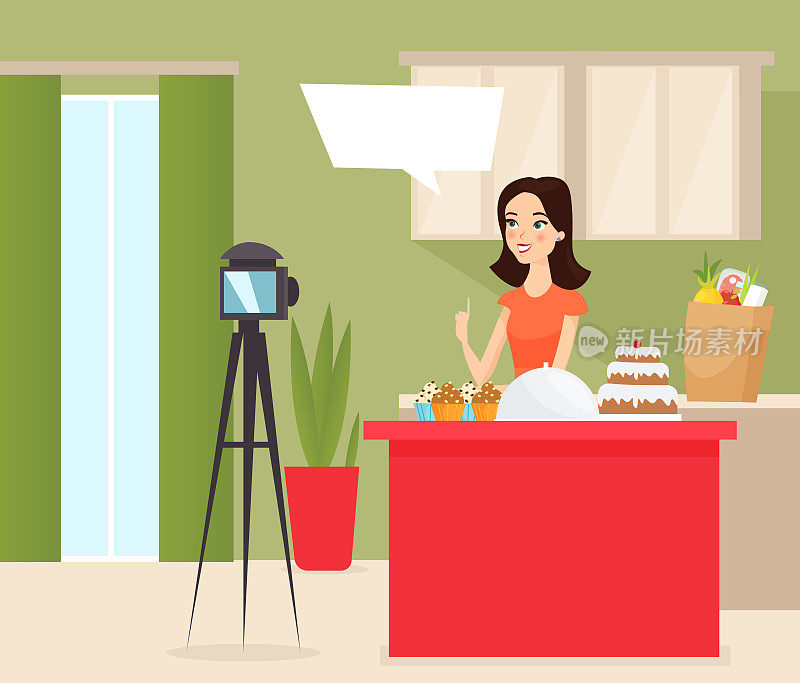 食物博客平面矢量插图。年轻的女博主拍摄蛋糕和纸杯蛋糕食谱视频卡通人物。网红直播，解释均衡营养规则。