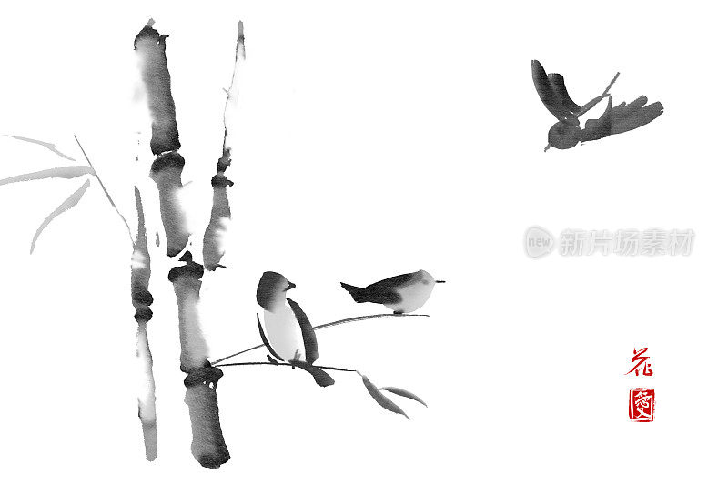 两只鸟坐在竹枝上，第三只飞。水彩和水墨插图的风格sumi-e。东方传统绘画。象形文字代表着爱和花。