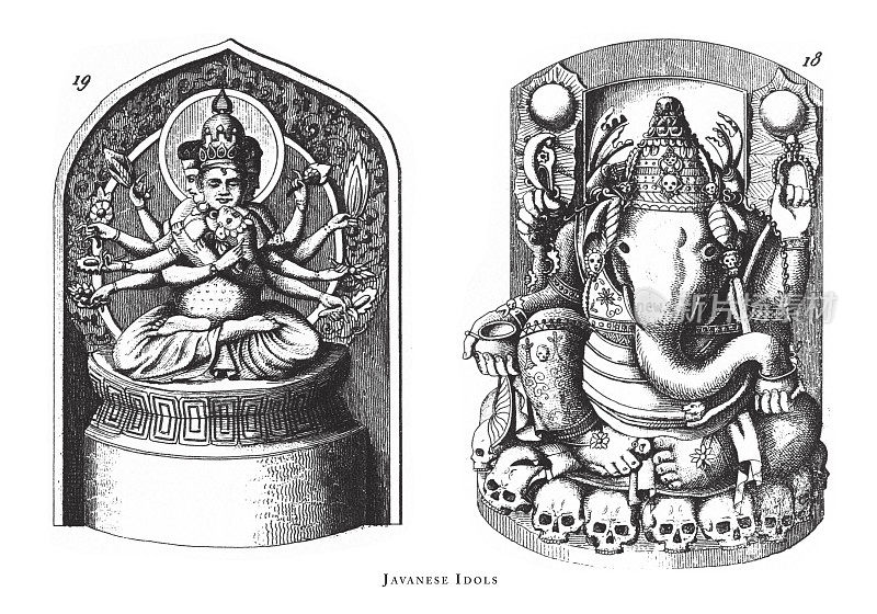 日本的偶像、宗教场景、中日印尼的符号和人物雕刻古董插图，1851年出版