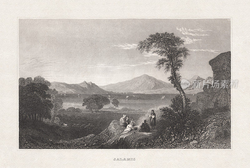 希腊萨拉米斯岛的历史观，钢版画，出版于1857年