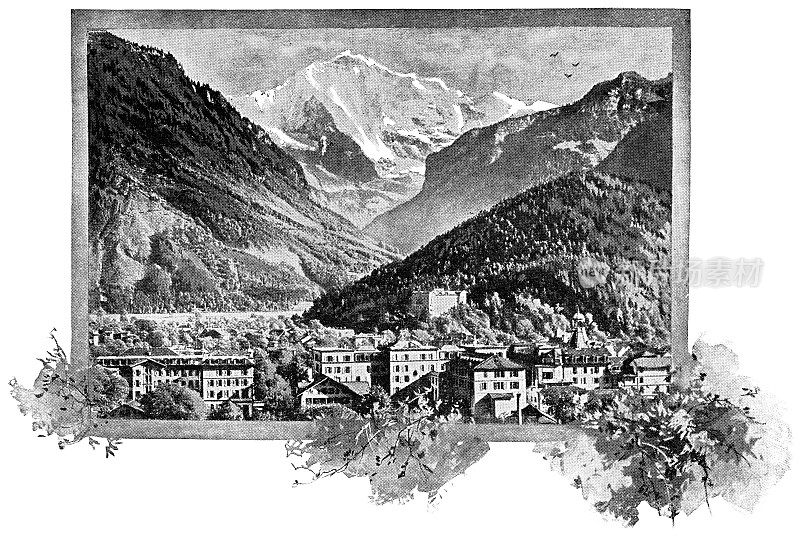位于瑞士伯尔尼坎顿的因特拉肯镇和少女山――19世纪