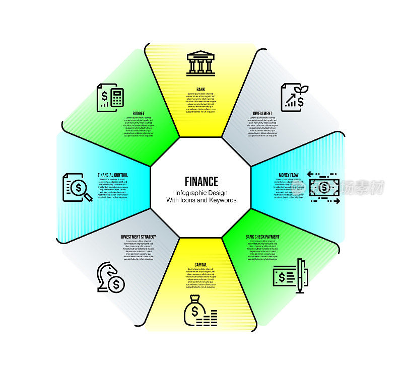 信息图表设计模板与金融关键字和图标