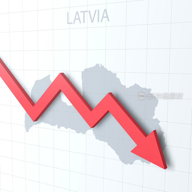 以拉脱维亚地图为背景的红色箭头落下