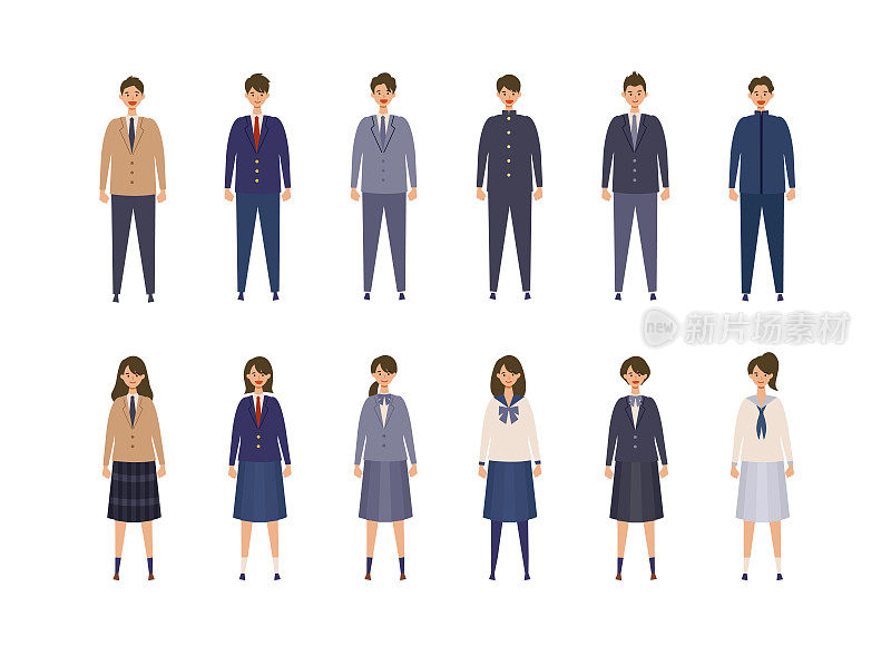 一组来自日本高中和中学的学生。矢量插图的男孩和女孩在不同的颜色制服。