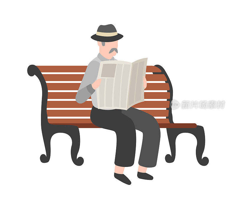 老人在户外看报，戴着小胡子的爷爷坐在长凳上，绅士在公园里散步。平面矢量卡通人物