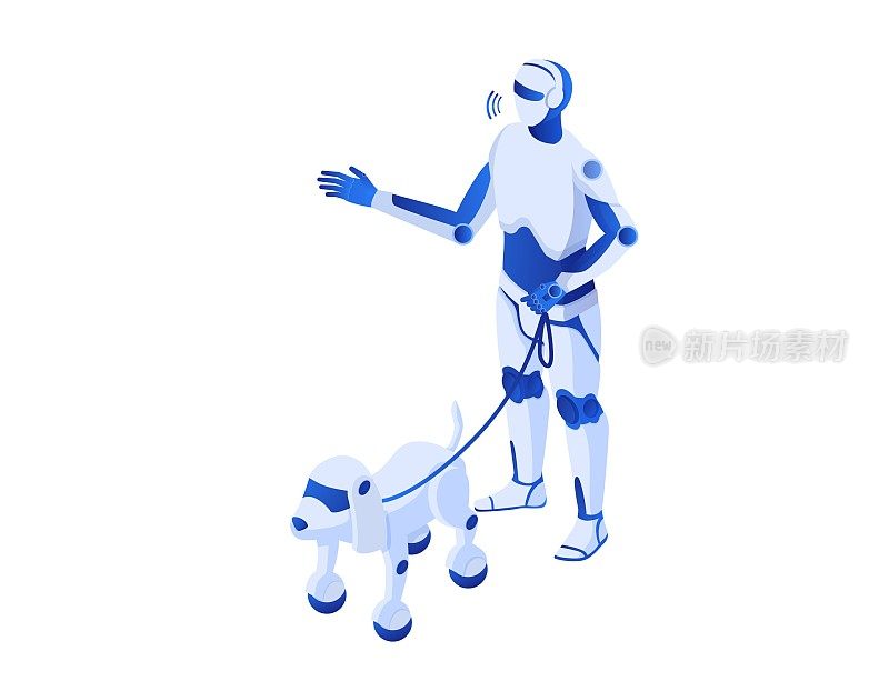 机器人行走机器人等距..机器人插图人形白色半机械人机器人帮助科技未来。