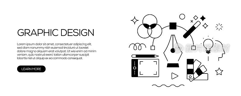 平面设计相关的网页横幅线条风格。现代线性设计矢量插图的网站横幅，网站标题等。