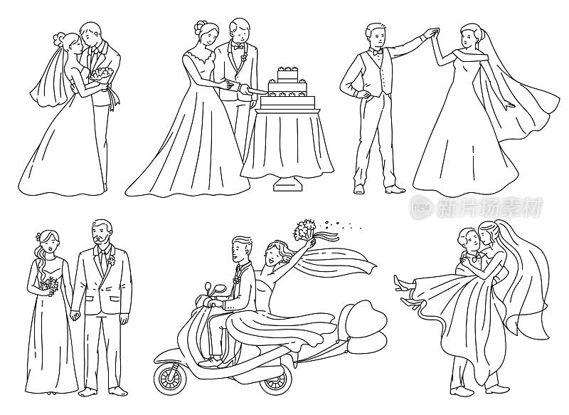 新娘和新郎在婚礼当天-画册的轮廓画集