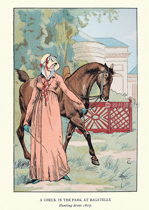 19世纪，年轻女子与她的马穿着骑马服