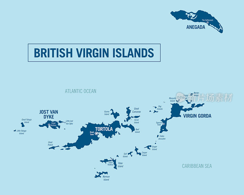 英属维尔京群岛政治地图。英格兰，联合王国。英属安的列斯海外领土。详细的矢量插图与孤立的岛屿和城市，容易取消分组。