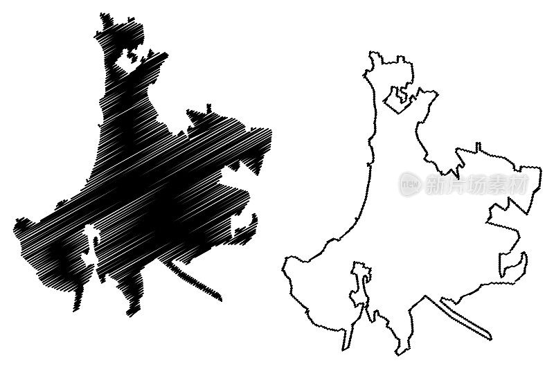 维纳德尔马尔市(智利共和国瓦尔帕莱索地区)地图矢量插图，维纳德尔马尔市草图地图