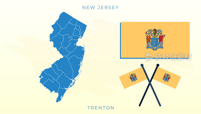 新泽西矢量旗，新泽西地图，插图