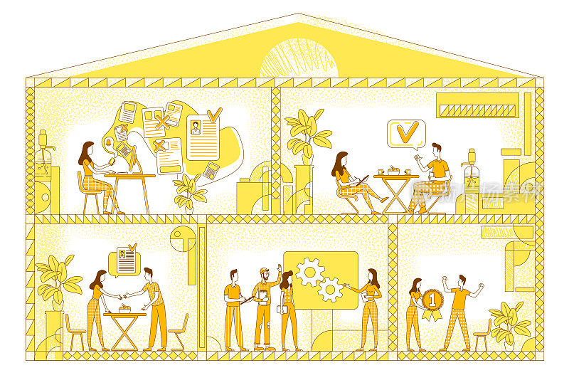商业工作场所平面剪影矢量插图。公司员工在黄色背景上勾画人物轮廓。企业工作空间、办公会议室及休闲区等简约风格的绘图