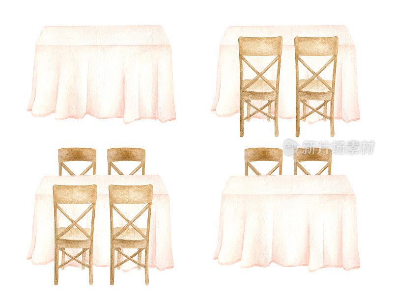 水彩宴会桌子插图设置。手工绘制的桌子，用蜡笔覆盖的布和木椅孤立在白色上
