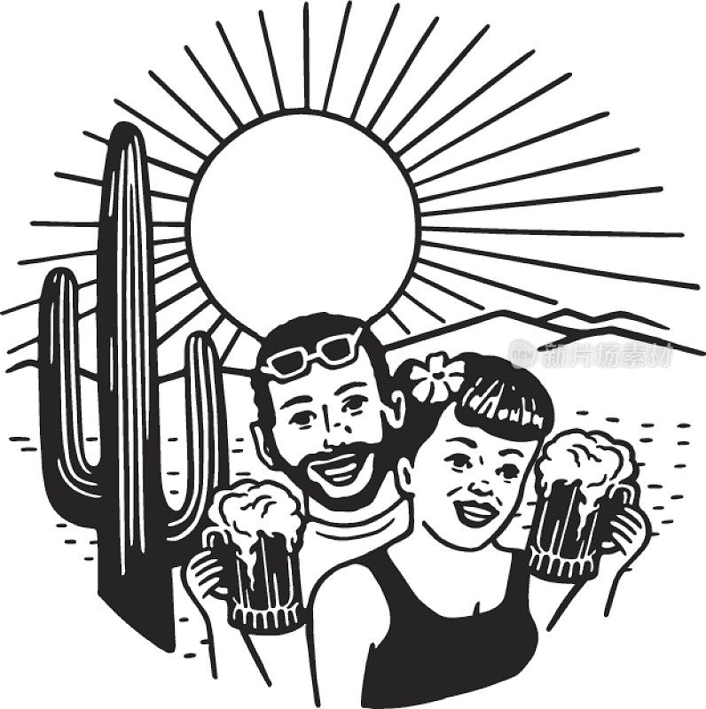 一个男人和一个女人在沙漠中拿着啤酒