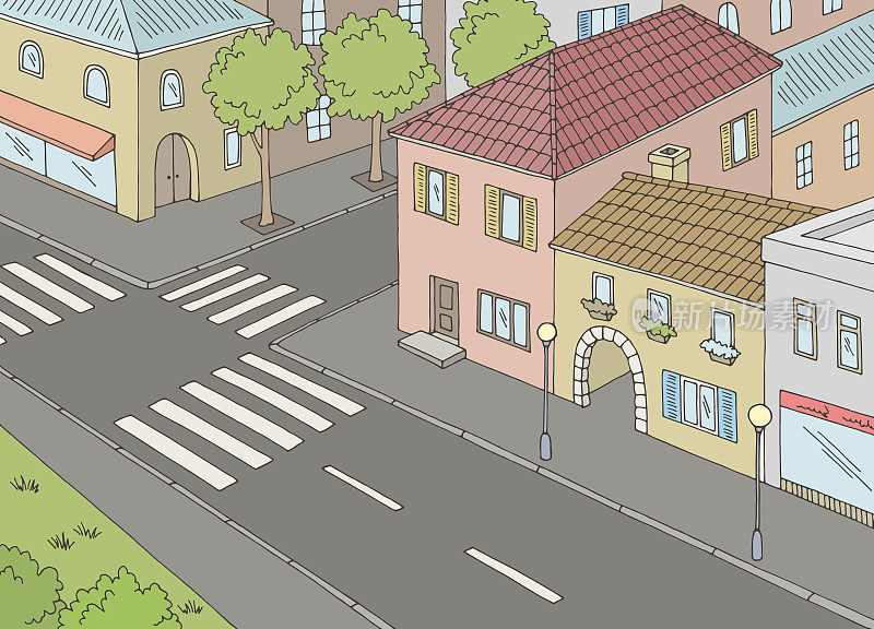 城市街道鸟瞰图从上面的十字路口图形颜色草图插图向量