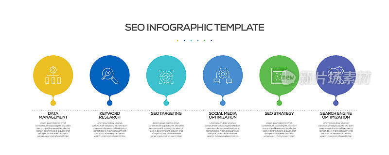 SEO相关流程信息图表模板。过程时间图。带有线性图标的工作流布局