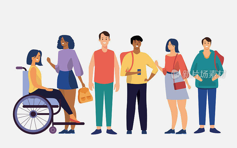一群快乐的人和一个残疾人的概念。一个矢量插图的各种人物的不同性别，种族和身体状况，平矢量集合的人。