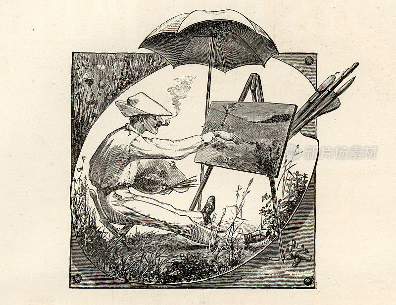 艺术家画一幅乡村风景，抽着烟斗，维多利亚时代的艺术插图