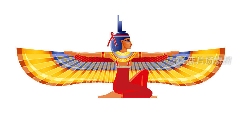 伊希斯，埃及长翅膀的女神。向量女人，法老墓壁画元素。古埃及神话中的偶像。古着女人伊希斯，欧西里斯妻子艺术，古董矢量插图孤立在白色背景