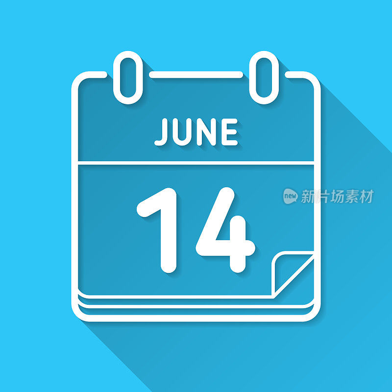 6月14日。蓝色背景上的图标-长阴影平面设计