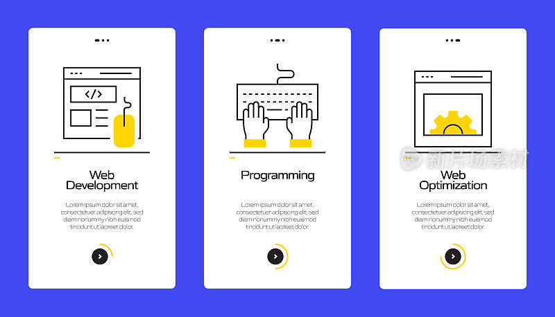 搜索引擎优化概念Onboarding移动应用程序页面屏幕与平面图标。UI设计模板矢量插图