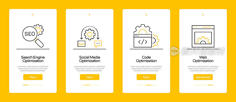 搜索引擎优化概念Onboarding移动应用程序页面屏幕与平面图标。UI设计模板矢量插图